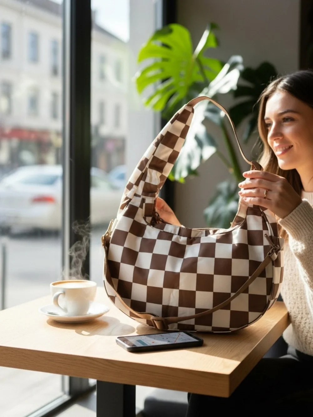 Checkerboard Brown & White Shoulder Bag